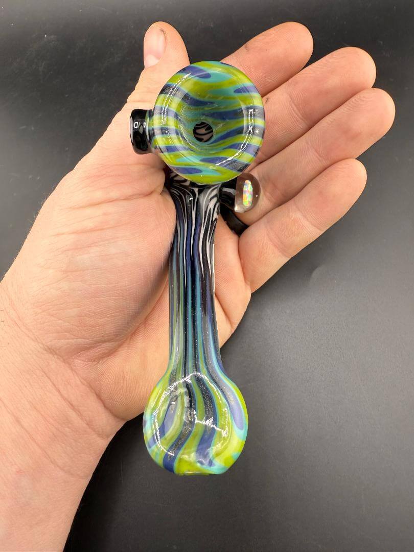 Filla John Glass Sherlock Pipe -Green & Blue to Jail Break Wig Wag w/ Large Encased Opal held in hand.