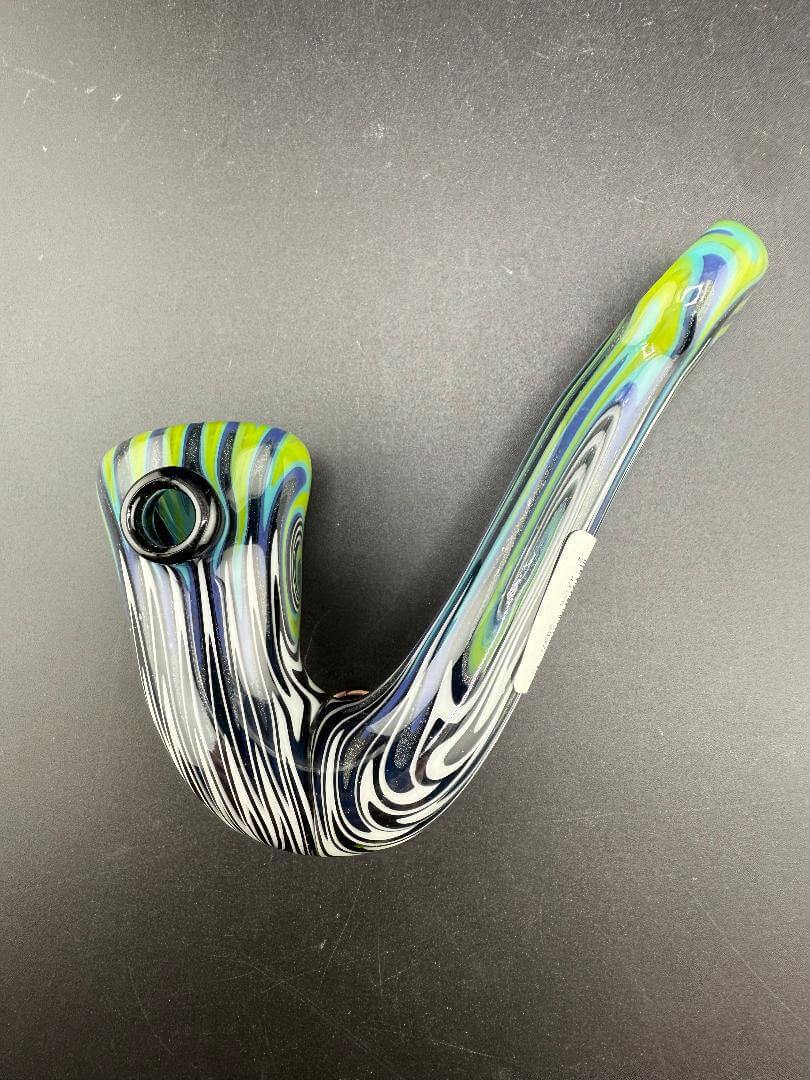 Filla John Glass Sherlock Pipe -Green & Blue to Jail Break Wig Wag w/ Large Encased Opal showing vibrant colors and design.