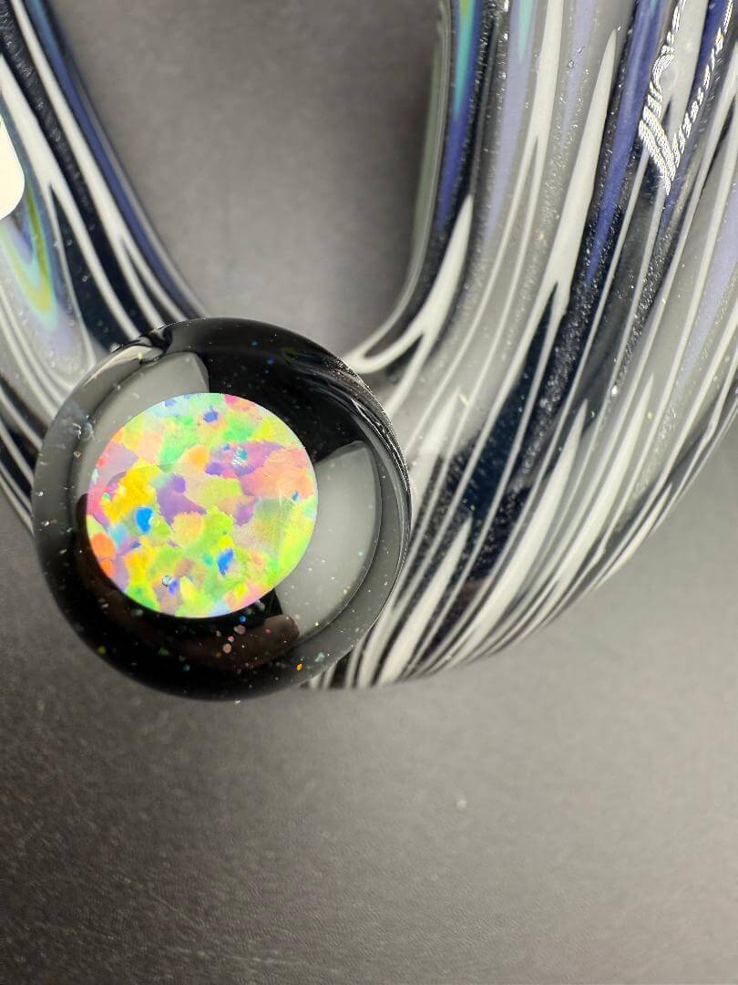 Filla John Glass Sherlock Pipe -Green & Blue to Jail Break Wig Wag w/ Large Encased Opal close-up view.