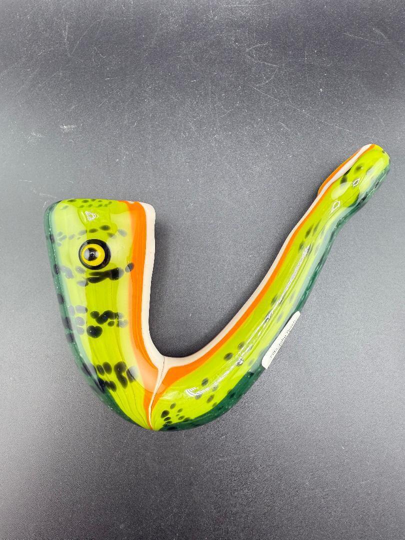 Filla John Glass Sherlock Pipe - Perch / Trout Fish featuring detailed fish design and ergonomic mouthpiece.