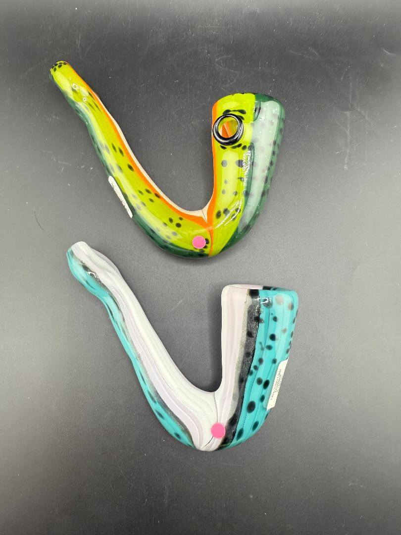 Filla John Glass Sherlock Pipe - Perch / Trout Fish with colorful, intricately designed hand-blown glass in two styles.