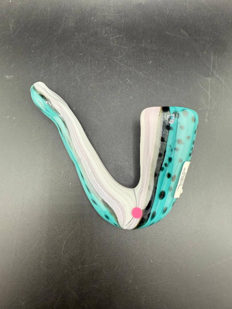 Filla John Glass Sherlock Pipe - Perch / Trout Fish with smooth curves and colorful patterns on a black background.