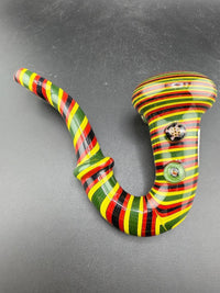 Filla John Glass Sherlock Pipe - Rasta Line Worked w/ Millie Attachments in vibrant colors and a classic design.