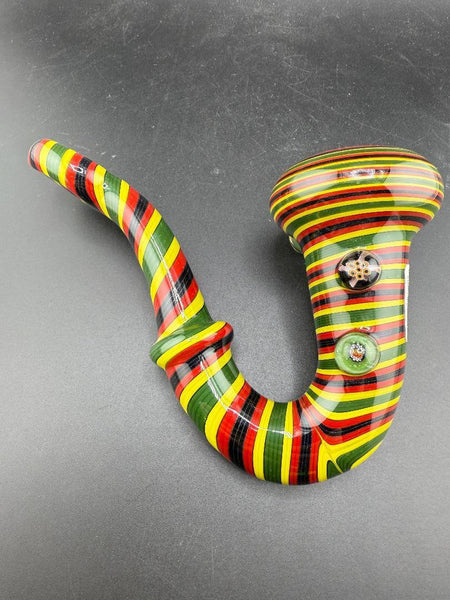 Filla John Glass Sherlock Pipe - Rasta Line Worked w/ Millie Attachments in vibrant colors and a classic design.