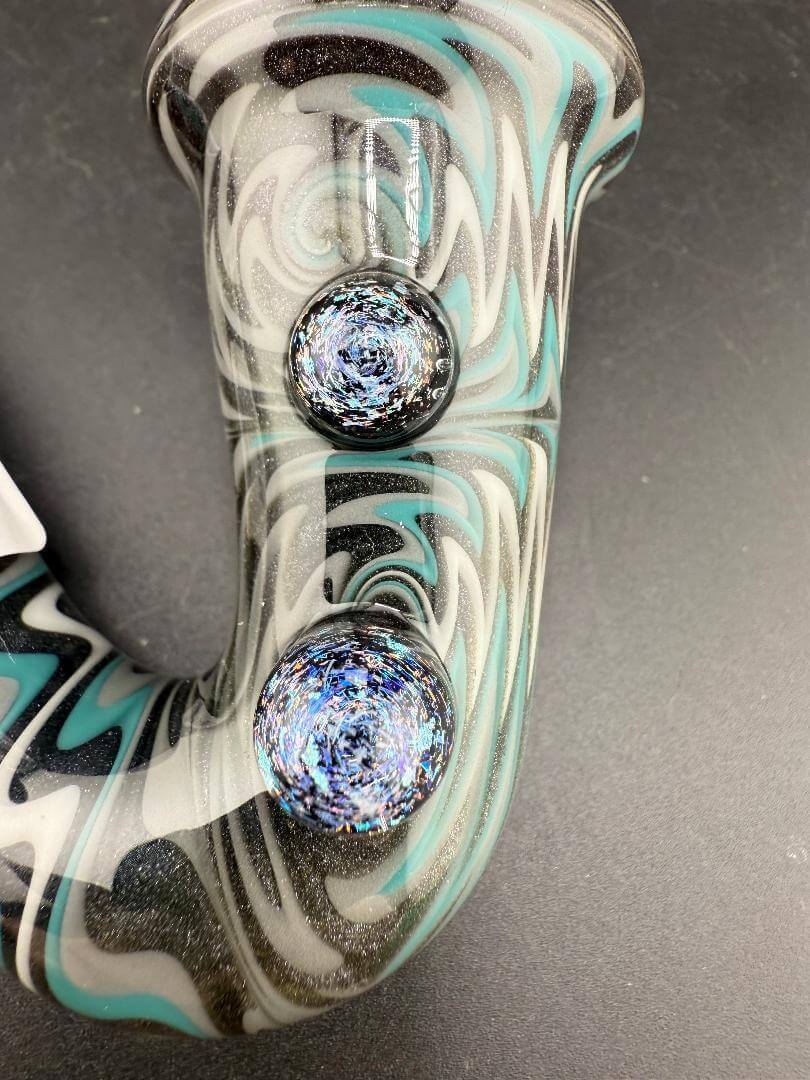 Filla John Glass Sherlock Pipe - Teal, Grey & Black with Dichro Accents close-up showing intricate details.