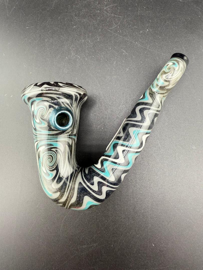 Filla John Glass Sherlock Pipe - Teal, Grey & Black with Dichro Accents showcasing vibrant colors and intricate design.