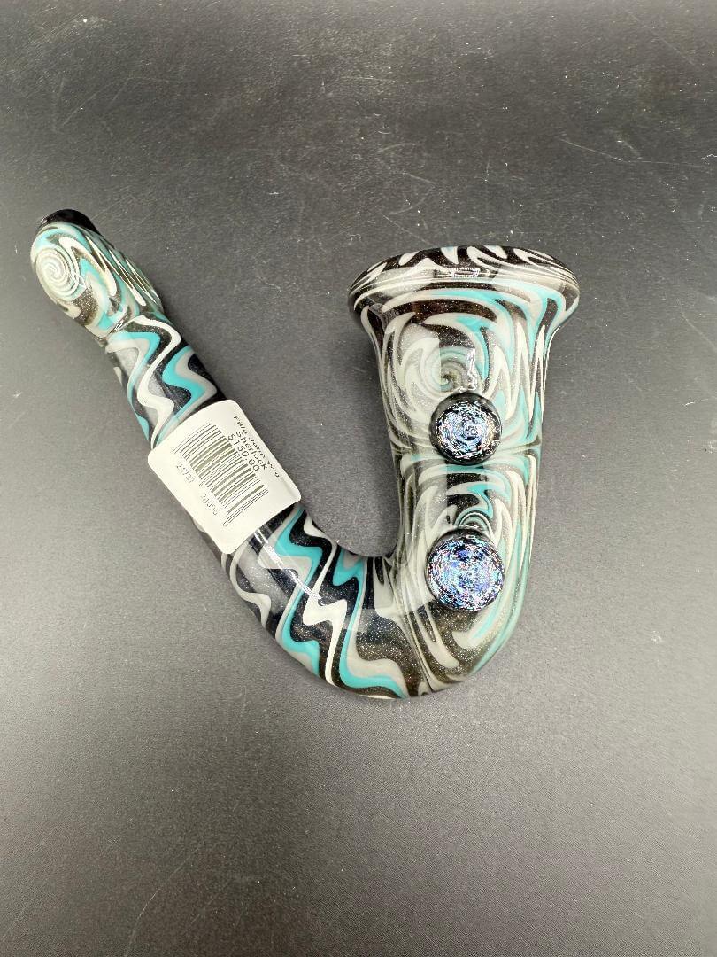 Filla John Glass Sherlock Pipe - Teal, Grey & Black with Dichro Accents showcasing its unique swirl design and dichro accents.
