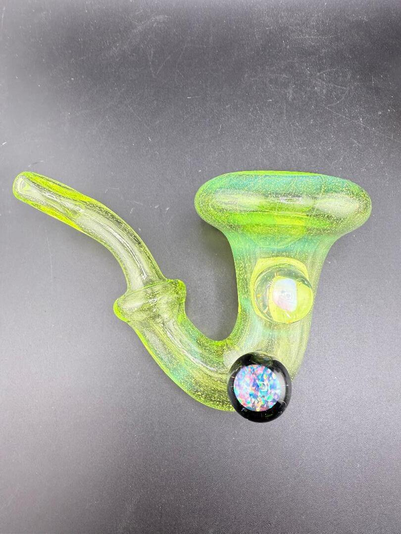 Filla John Glass Sherlock Pipe - UV Green w/ Large opal Attachment showcasing vibrant colors and a classic design.