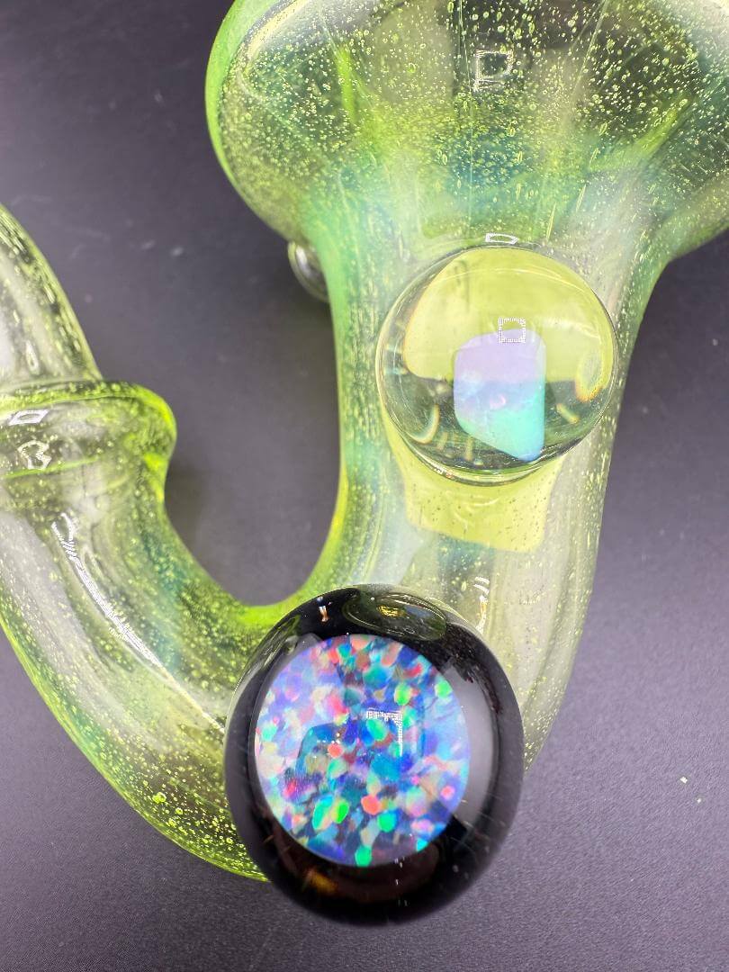 Filla John Glass Sherlock Pipe - UV Green w/ Large opal Attachment showcasing vibrant glass and opal details.