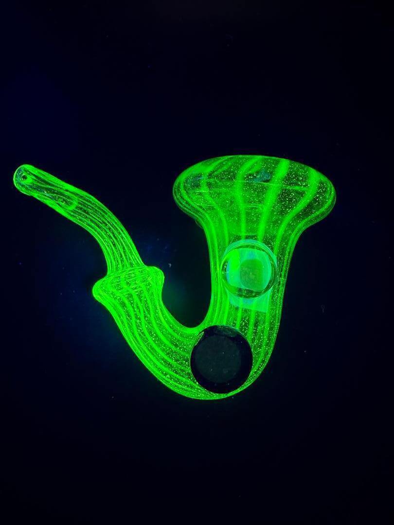 Filla John Glass Sherlock Pipe - UV Green w/ Large opal Attachment showcased against a dark background.