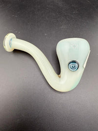 Filla John Glass Sherlock Pipe - White w/ Millie Attachment showcasing a curved design and detailed millie accents.