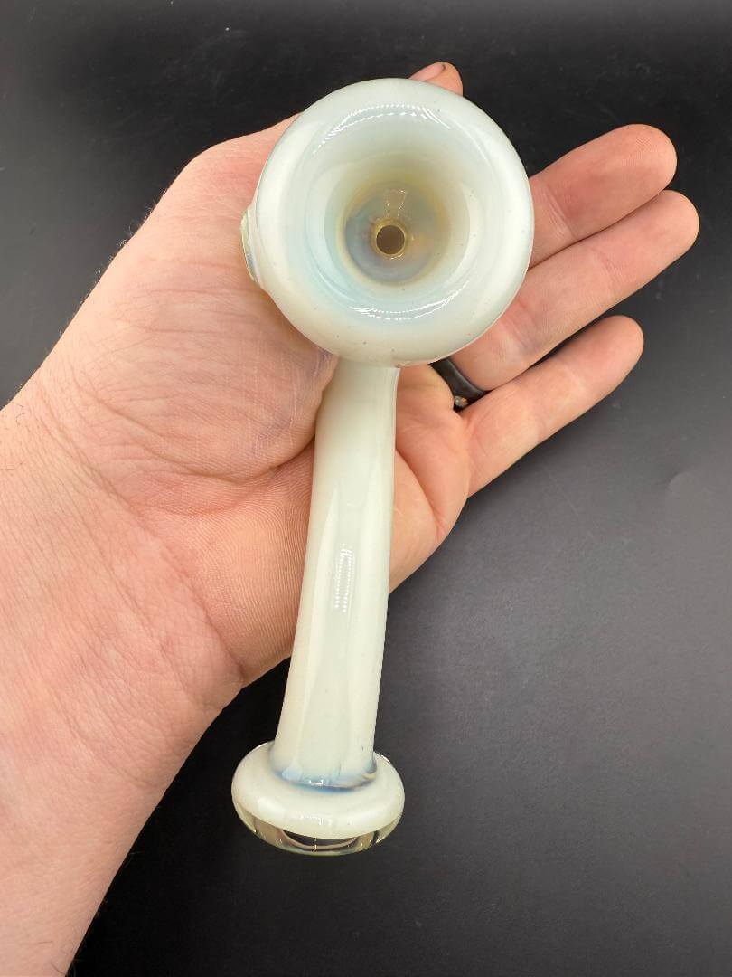 Filla John Glass Sherlock Pipe - White w/ Millie Attachment held in hand, showcasing its elegant design and smooth finish.