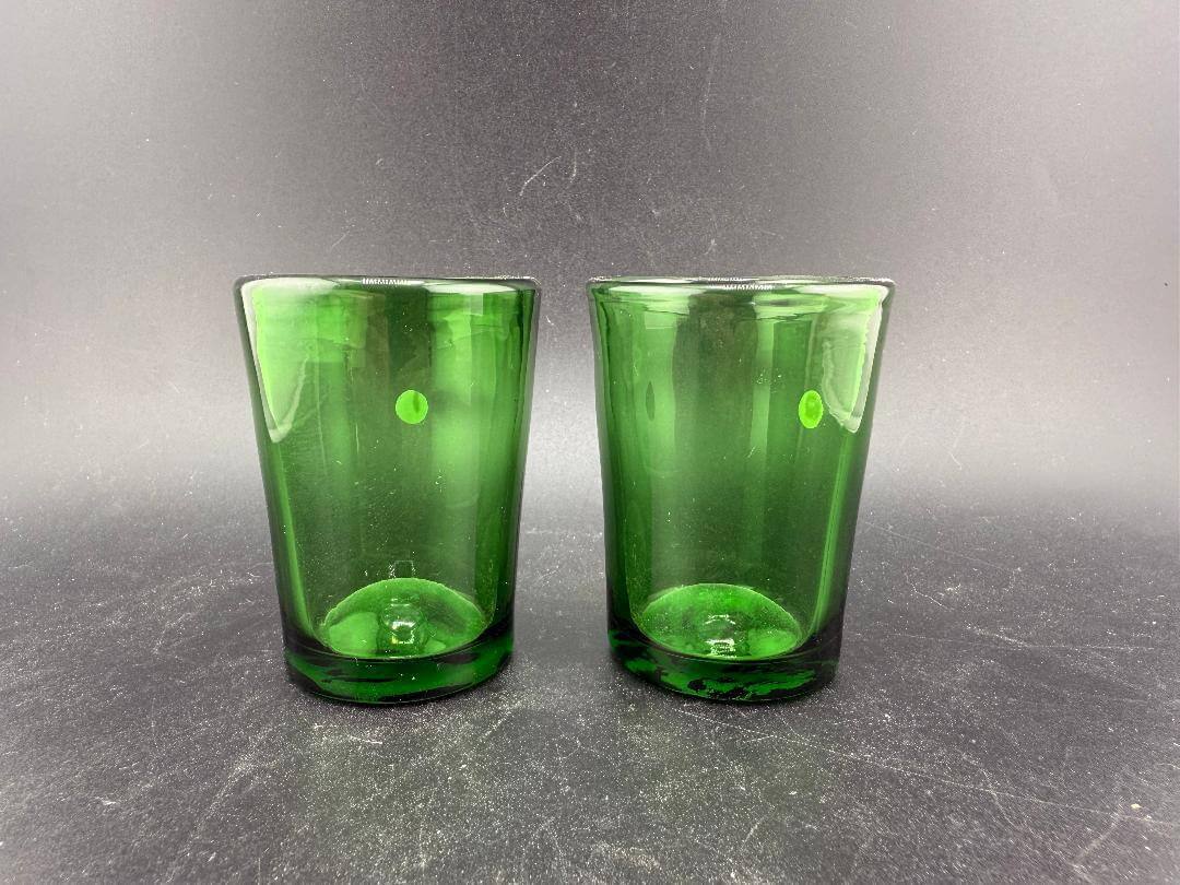 Filla John Glass Shot Glass - Green set of two vibrant handblown shot glasses made from durable borosilicate glass.