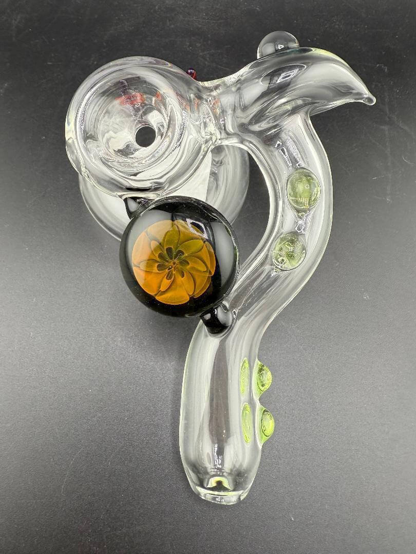 Filla John Glass Sidecar Pipe   Clear w/ Color Accents & Pendant Attachments - Clear piece with vibrant accents.