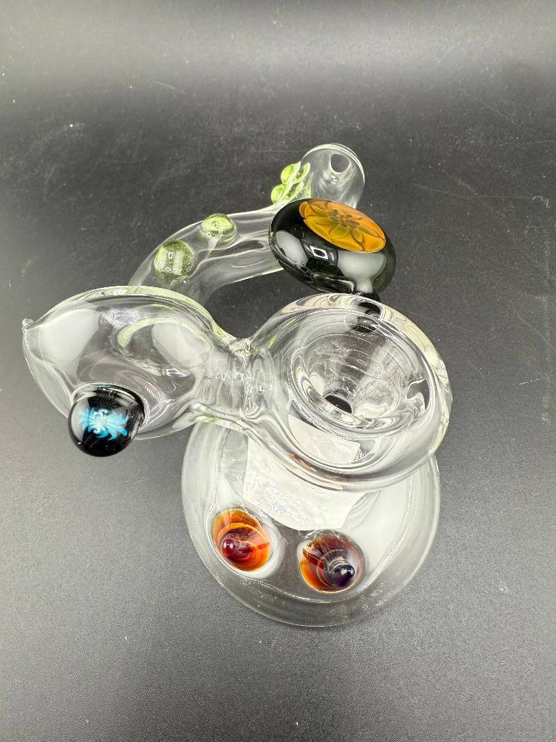 Filla John Glass Sidecar Pipe   Clear w/ Color Accents & Pendant Attachments featuring a clear body with vibrant accents.