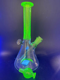 Filla John Glass Uv Line Worked Neck Beaker 10mm 45° w/ Matching Bubble Cap illuminated under blacklight