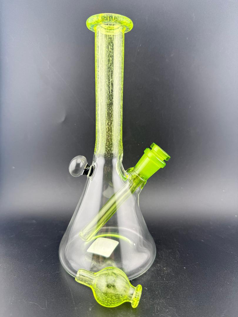 Filla John Glass Uv Line Worked Neck Beaker 10mm 45° w/ Matching Bubble Cap - bright green and clear design