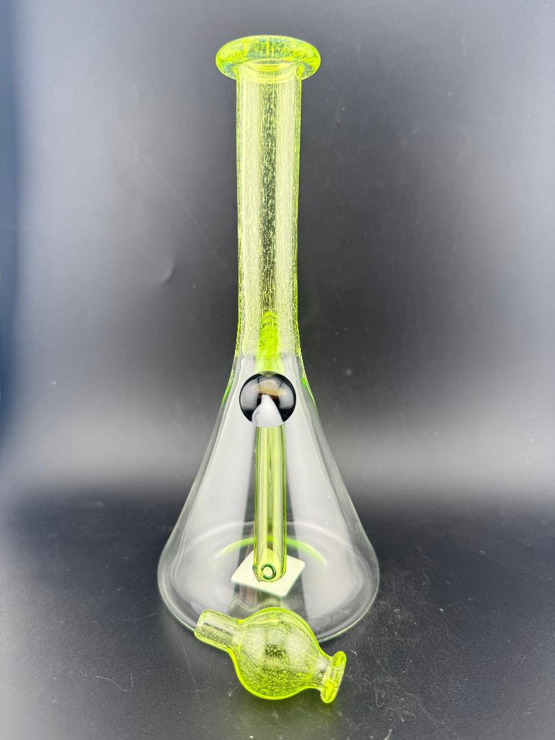 Filla John Glass Uv Line Worked Neck Beaker 10mm 45° w/ Matching Bubble Cap - Hand-Blown Glass in Neon