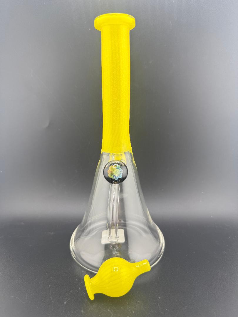 Filla John Glass Dichro Neck Single Color Beaker 10mm 45° with yellow neck and base, hand-blown design.