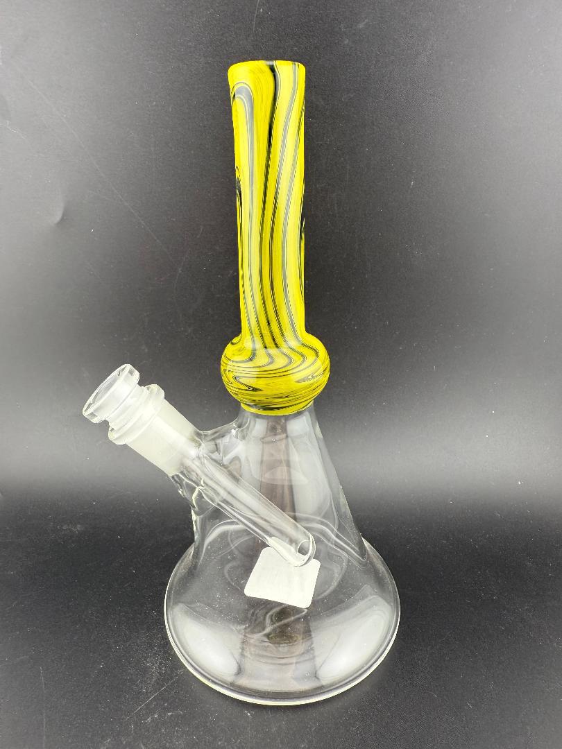 Filla John Glass Line Worked Neck Beakers 10mm 45° with vibrant line work design, hand-blown glass craftsmanship.
