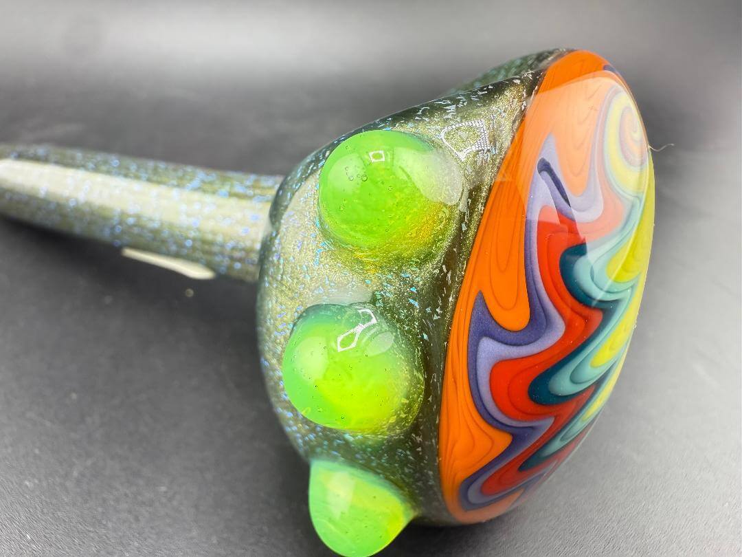 Filla John Hand Pipe - Blue Dichro Over Green w/ Rainbow Wig Wag Cap showcasing a vibrant design and smooth airflow.