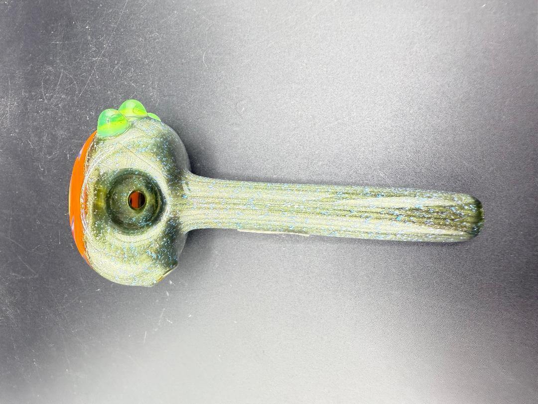 Filla John Hand Pipe - Blue Dichro Over Green w/ Rainbow Wig Wag Cap showcasing unique design and vibrant colors.