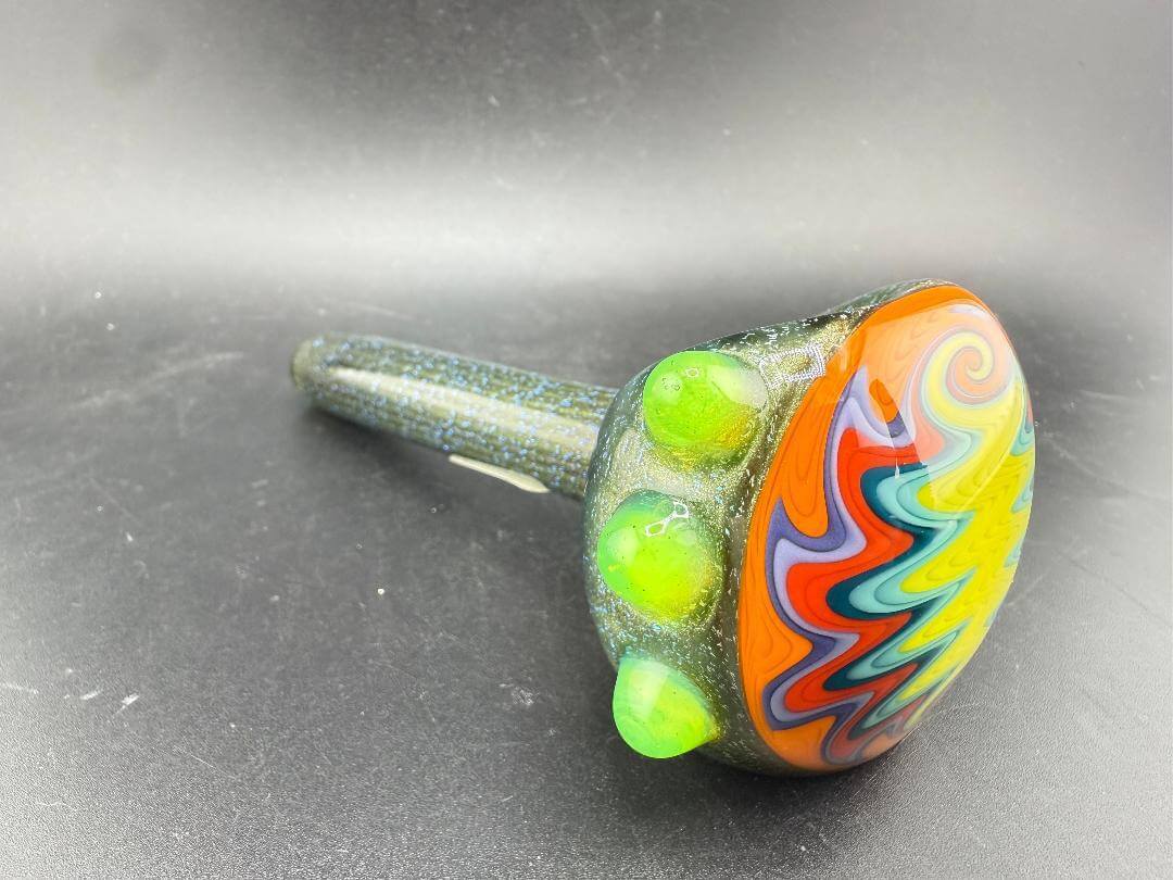 Filla John Hand Pipe - Blue Dichro Over Green w/  Rainbow Wig Wag Cap showcasing vibrant colors and unique design.