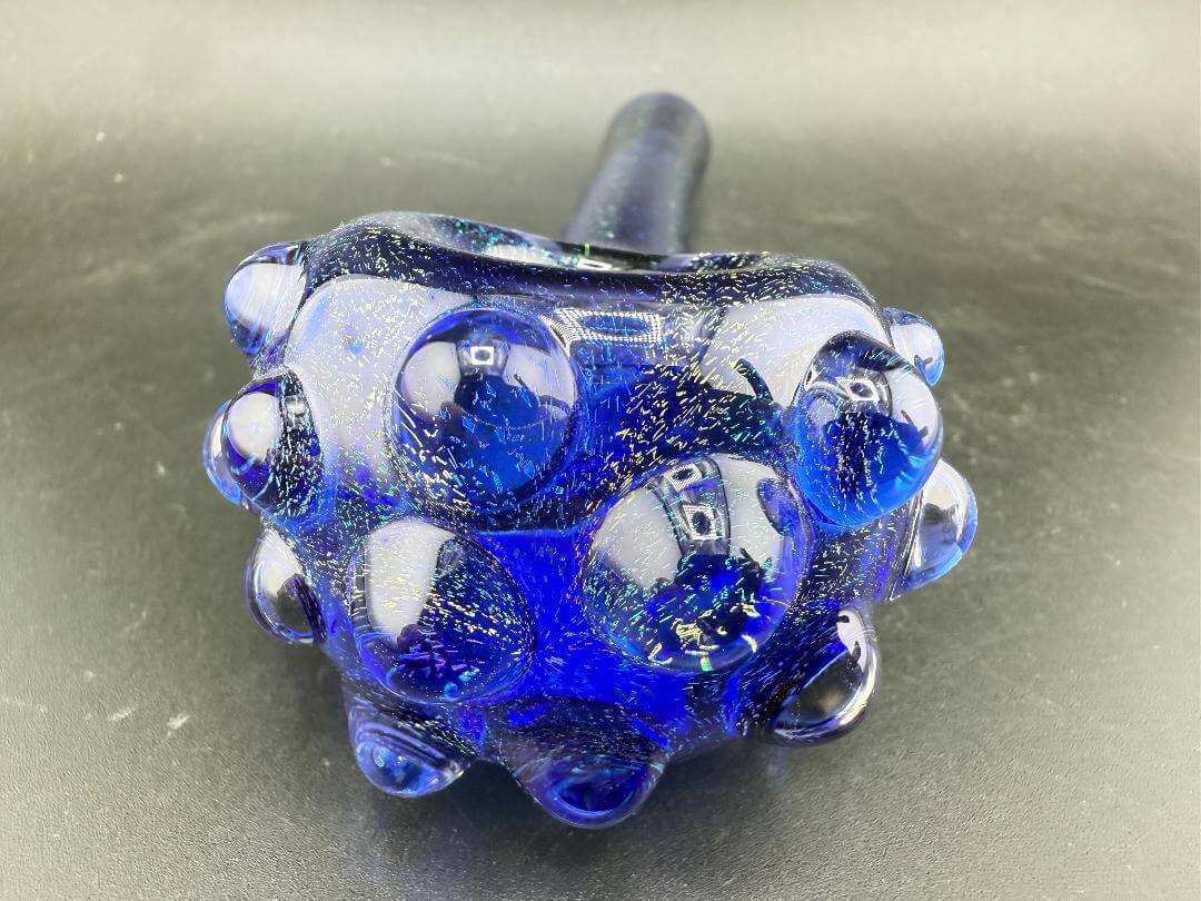 Filla John Hand Pipe -Dichro Over Cobalt Blue W/ Tactile Bumps showcasing tactile bumps and vivid cobalt blue color.