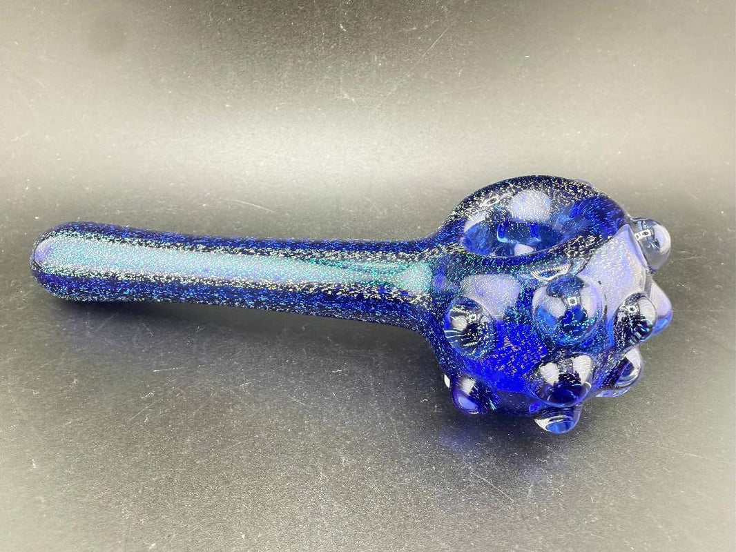 Filla John Hand Pipe -Dichro Over Cobalt Blue W/ Tactile Bumps showcasing unique texture and vivid colors.