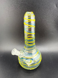 Filla John Mini Rig Wrap And Rake Beaker 10mm 45° in vibrant mixed frit colors, showcasing intricate glasswork.