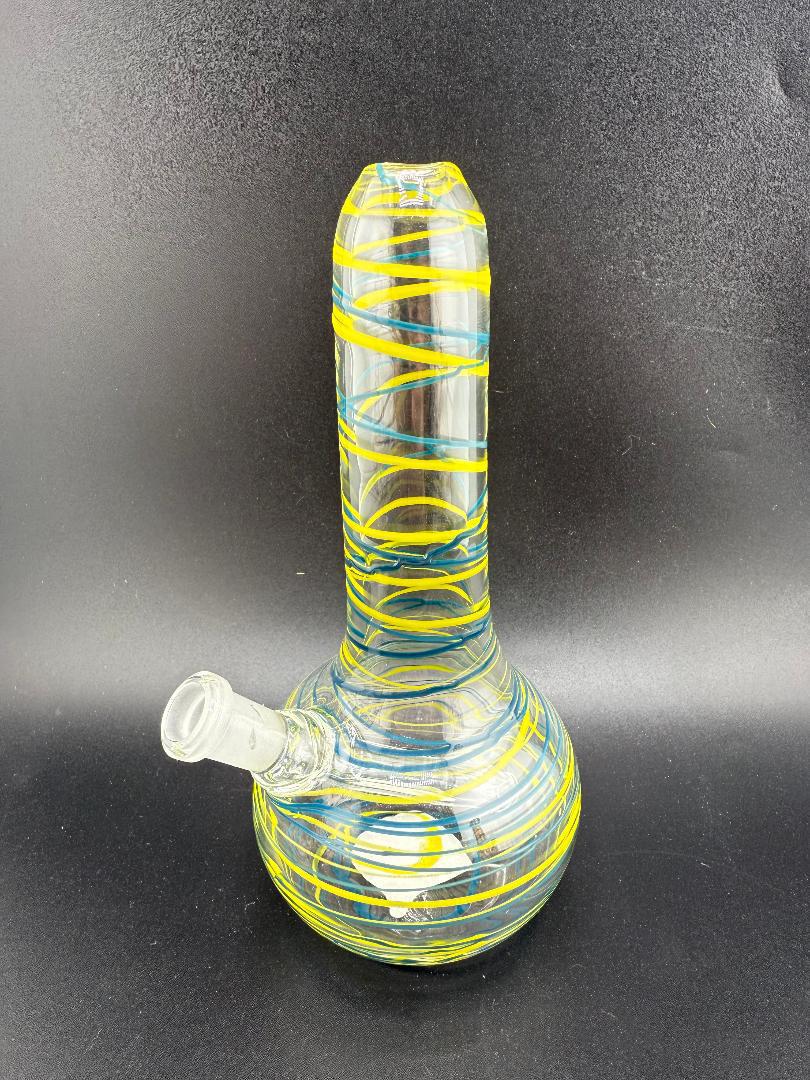 Filla John Mini Rig Wrap And Rake Beaker 10mm 45° in vibrant mixed frit colors, showcasing intricate glasswork.