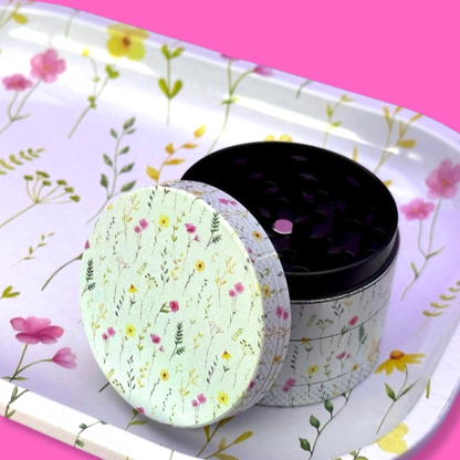 Coming Soon: Floral 3-in-1 Herb Set – Rolling Tray, Grinder & Travel Bag with floral design.