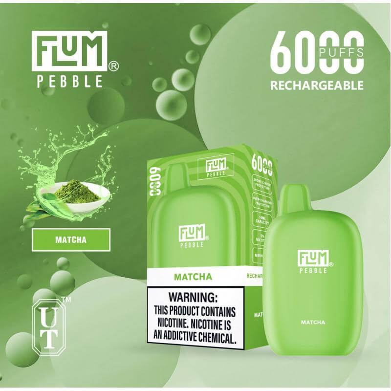 Flum Pebble 6K Disposable Vape in Matcha flavor, offering 6000 puffs and a warning about nicotine addiction.