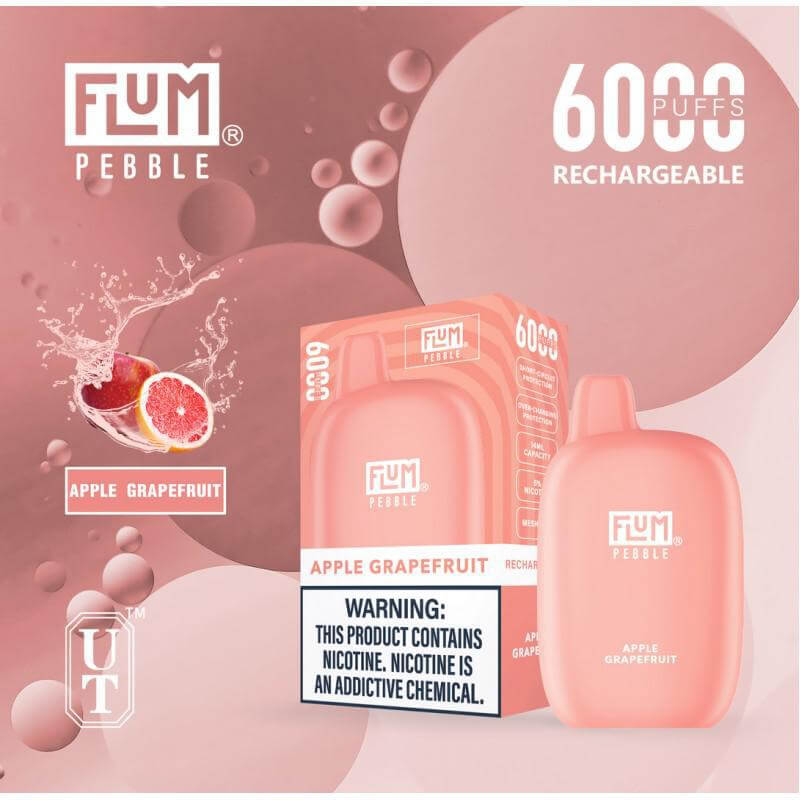 Flum Pebble 6K Disposable Vape Apple Grapefruit flavor packaging with nicotine warning and puff details.