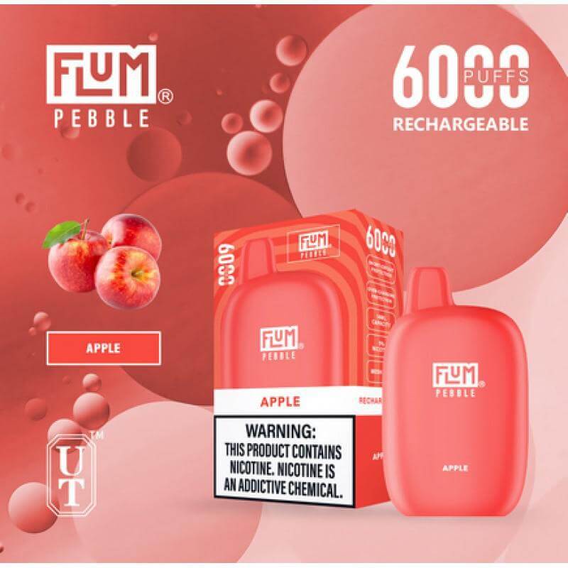 Flum Pebble 6000 Puffs rechargeable disposable vape in apple flavor with warning label.