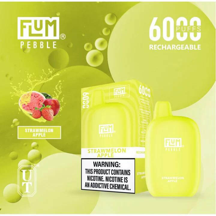 Flum Pebble 6K Disposable Vape in Strawmelon Apple flavor with 6000 puffs and warning label for nicotine.