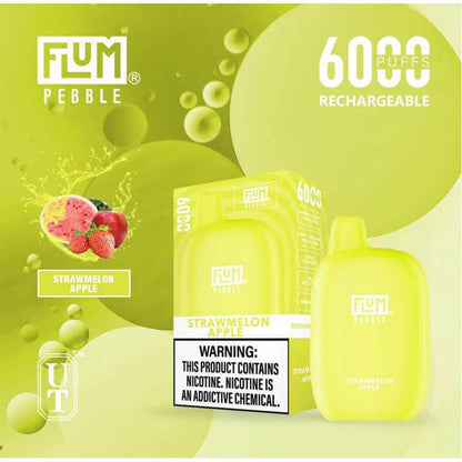 Flum Pebble 6K Disposable Vape in Strawmelon Apple flavor with 6000 puffs and warning label for nicotine.
