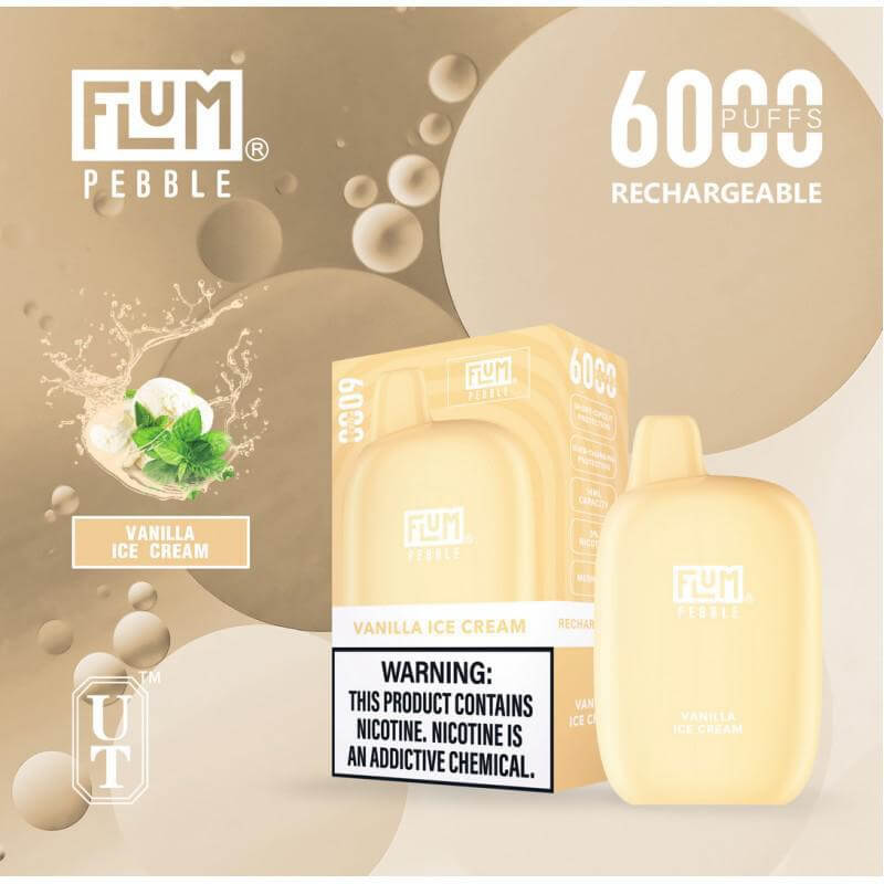 Flum Pebble 6K disposable vape in Vanilla Ice Cream flavor, featuring 6000 puffs and warning about nicotine.