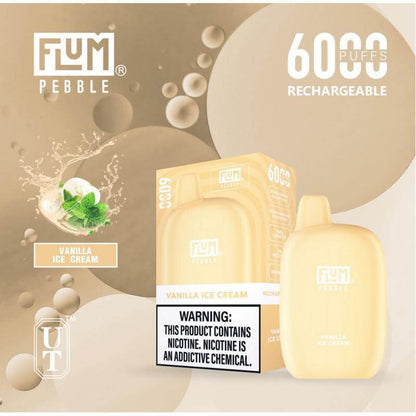 Flum Pebble 6K disposable vape in Vanilla Ice Cream flavor, featuring 6000 puffs and warning about nicotine.