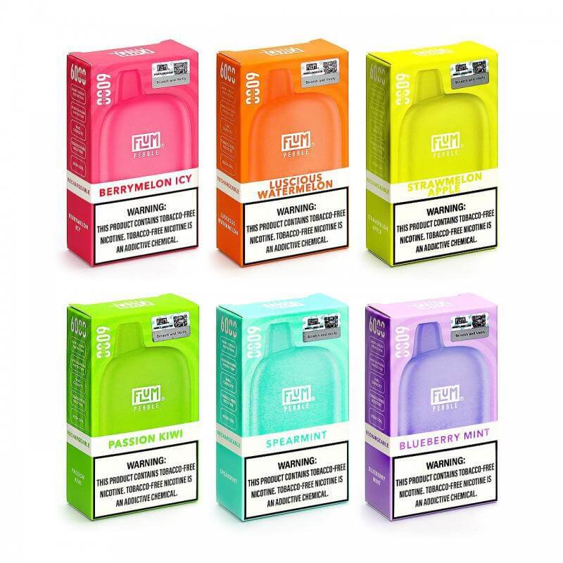 Flum Pebble 6K Disposable Vape flavors including Berry Melon Icy, Luscious Watermelon, and more.