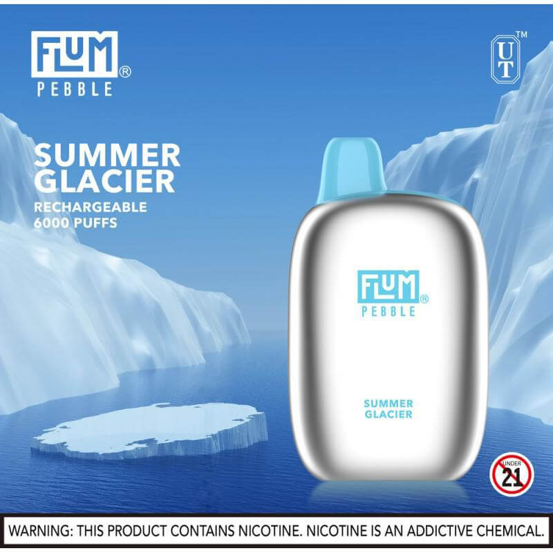 Flum Pebble Summer Glacier disposable vape with 6000 puffs against a glacier backdrop, emphasizing its refreshing flavor.
