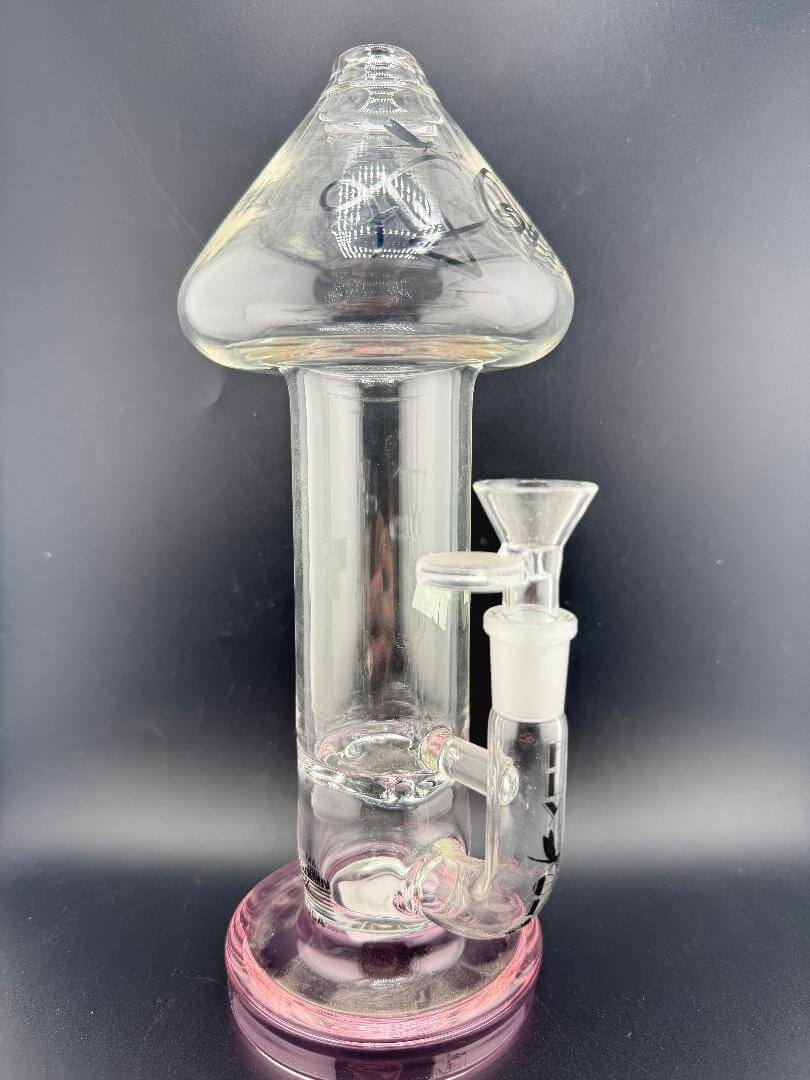 Fly Glass Flower Straight Tube - Mushroom 14mm 90° design with mushroom-style features and a pink base.