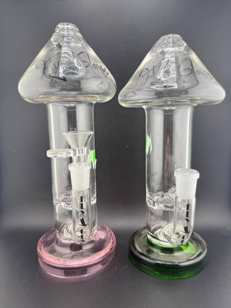 Fly Glass Flower Straight Tube - Mushroom 14mm 90° in Pink and Green with unique mushroom-style design.