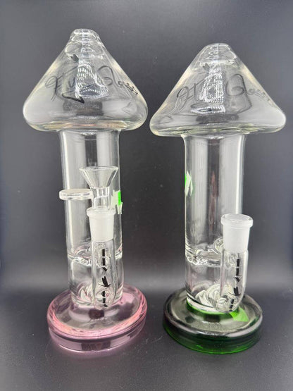 Fly Glass Flower Straight Tube - Mushroom 14mm 90° in Pink and Green with unique mushroom-style design.