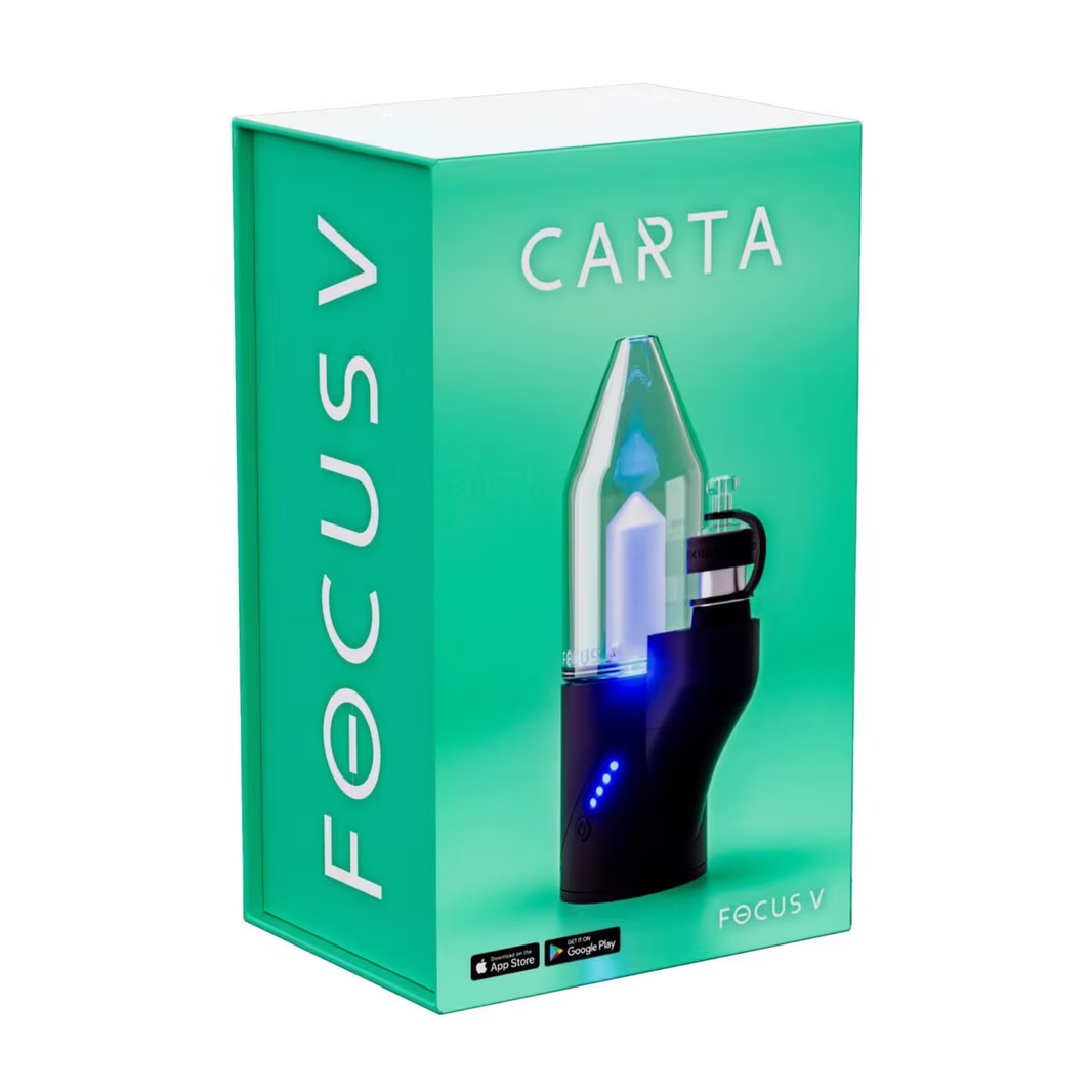 Focus V Carta E Rig packaging showcasing portable e-rig for dry herbs and concentrates with temperature presets.