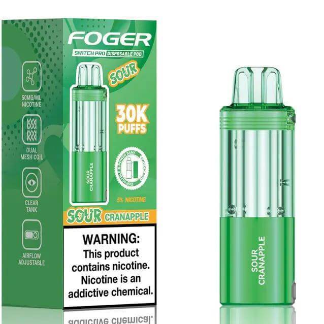 Fogger Switch Pro Disposable Pod in Sour Cranapple flavor with 30,000 puffs, featuring adjustable airflow and clear tank.