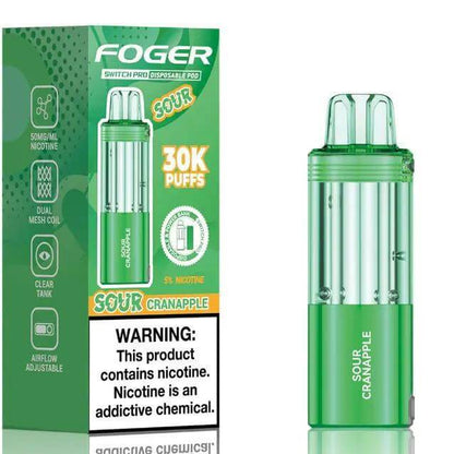 Fogger Switch Pro Disposable Pod in Sour Cranapple flavor with 30,000 puffs, featuring adjustable airflow and clear tank.