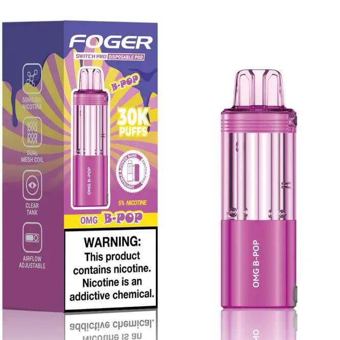 Fogger Switch Pro Disposable Pod in pink with 30,000 puffs and nicotine warning.
