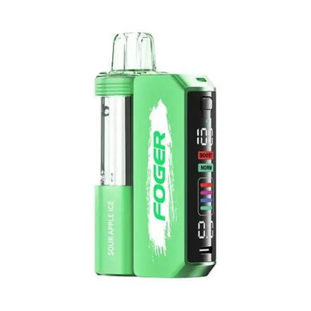 Fogger Switch Pro 30k disposable vape kit in green with visible tank and Sour Apple Ice flavor.