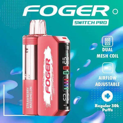 Foger Switch Pro disposable vape kit in strawberry watermelon flavor with dual mesh coil and adjustable airflow for 30,000 puffs.